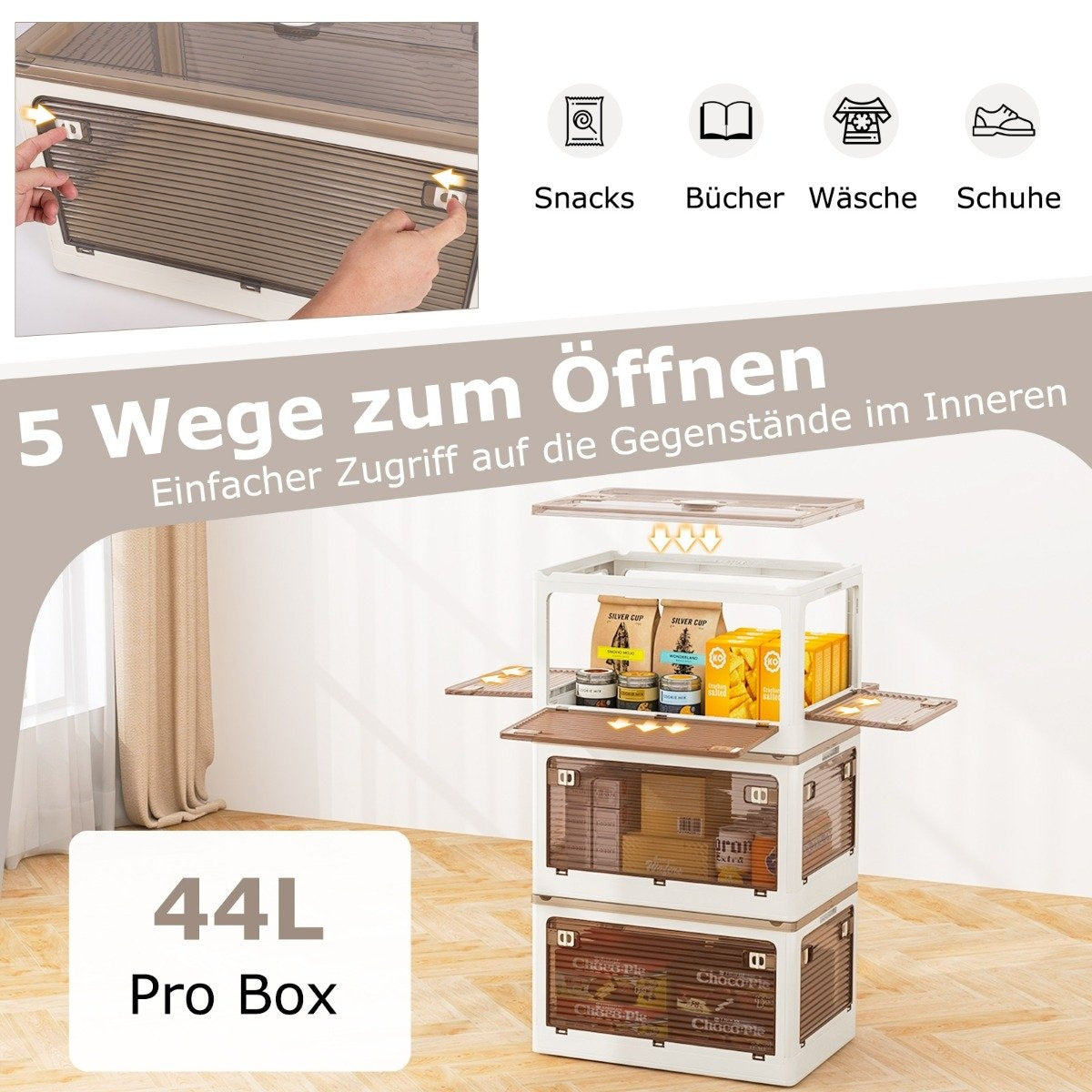 Set of 3 storage boxes with lids on wheels. Foldable stacking boxes accessible from 5 sides. 132 liters