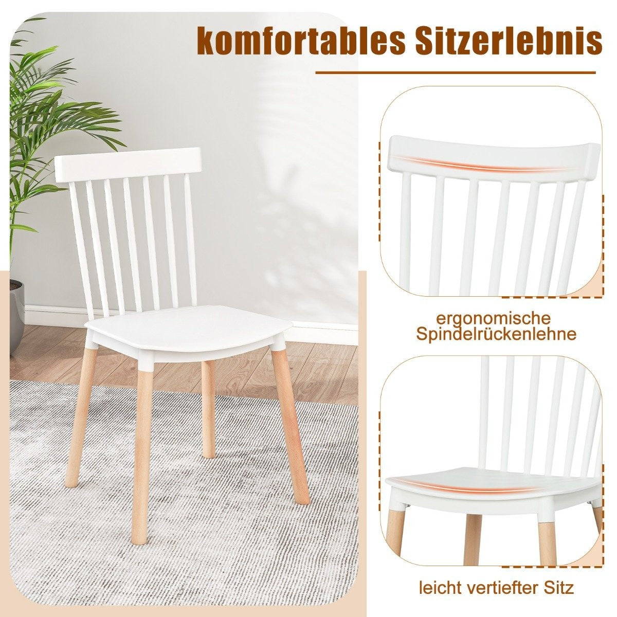 Set of 4 Dining Chairs with Spindle Backs & Curved Seats Armless Chairs White