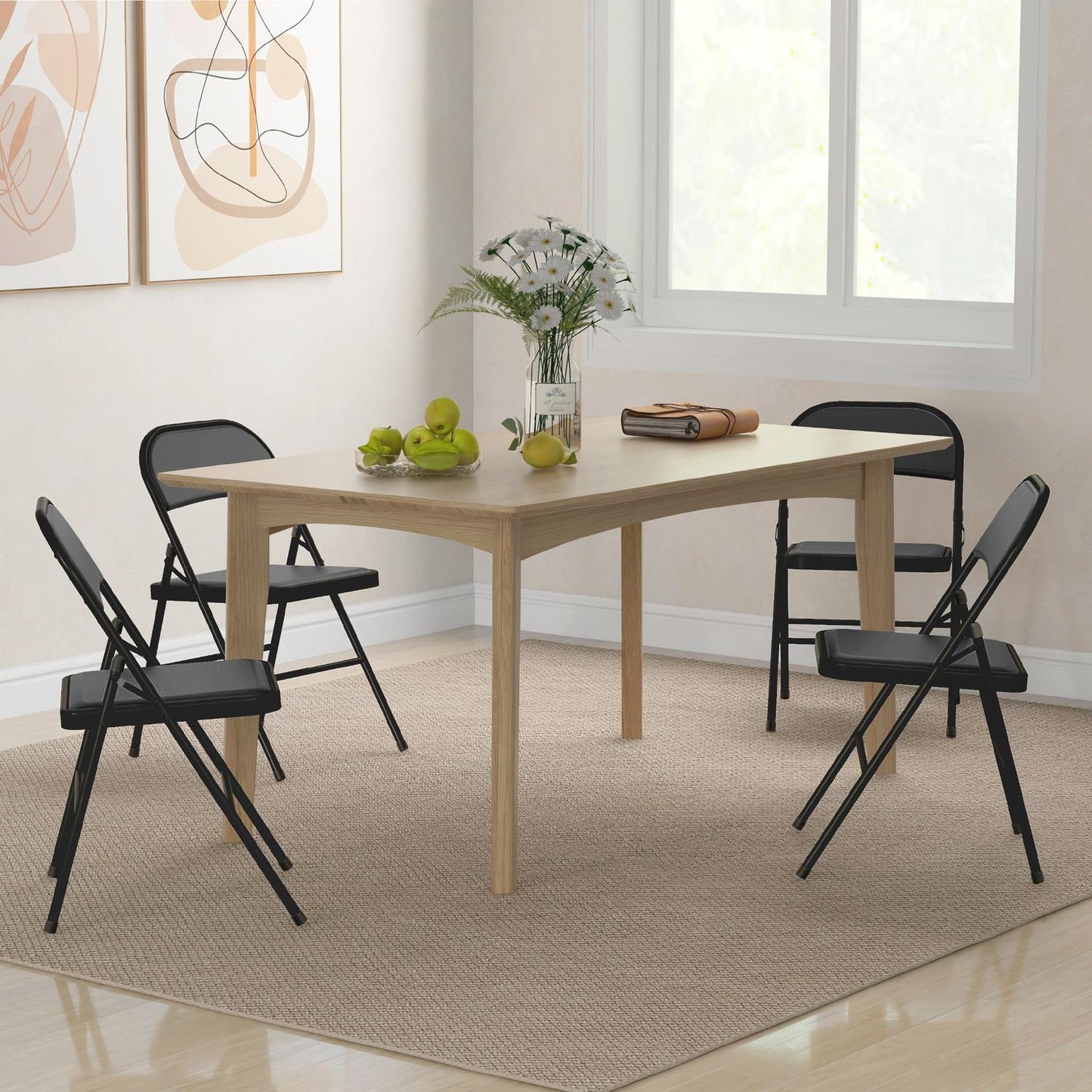 Folding chairs in artificial leather, padded, steel legs, black
