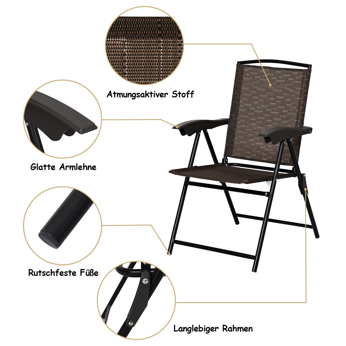 Set of 4 folding chairs, high-back garden chairs, folding chairs, 69 x 54 cm x 90 cm, brown
