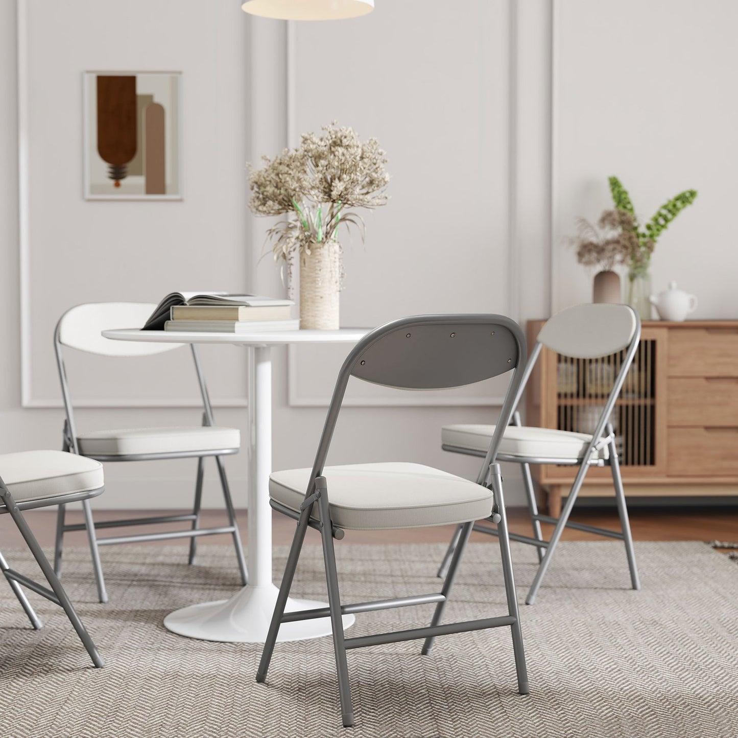 Folding Chairs Set of 4, Corduroy Upholstery, Metal Frame