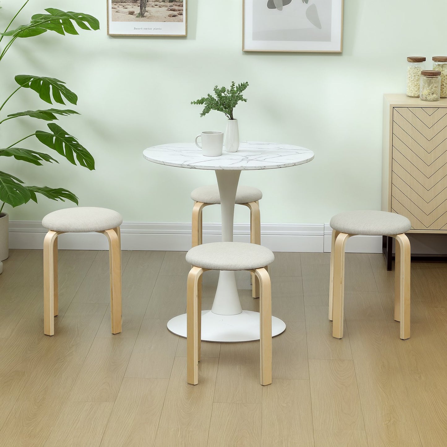 Stackable Upholstered Stools, Cream White, Birch Legs