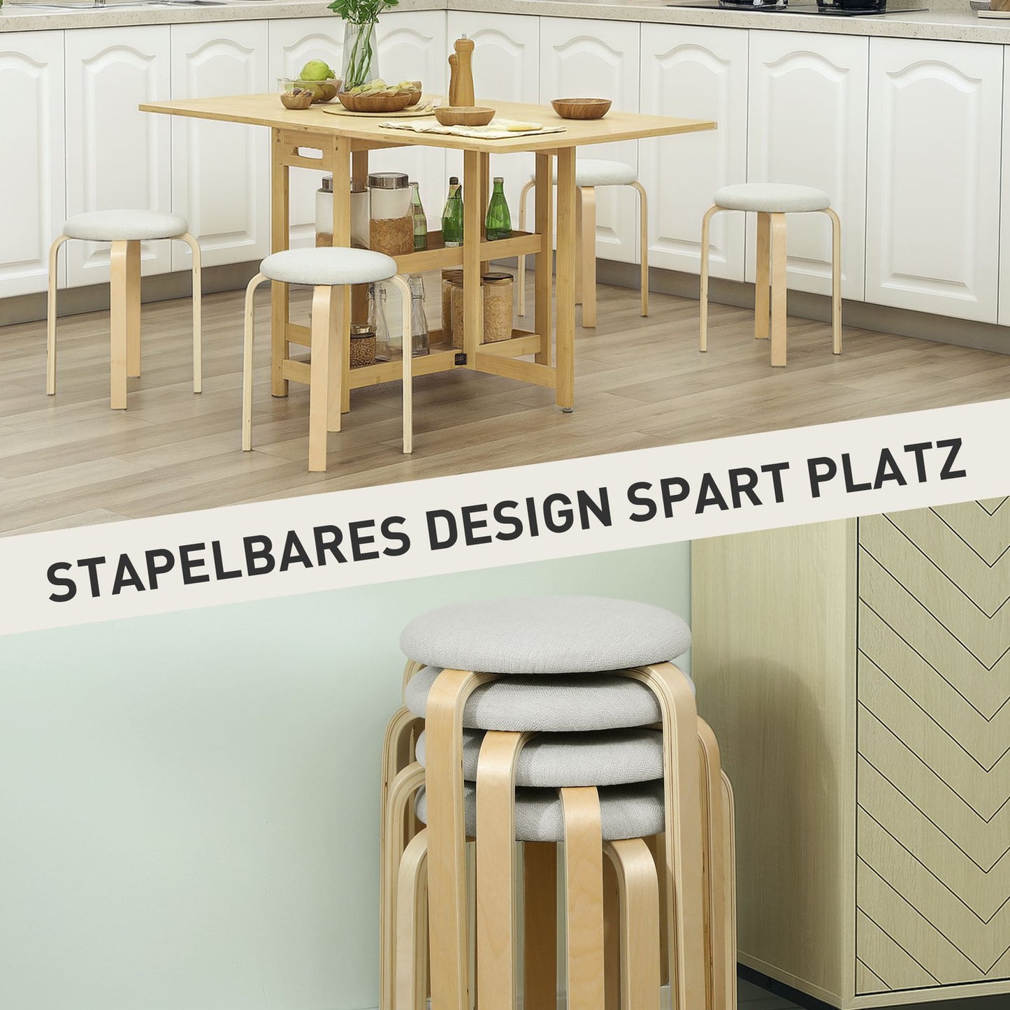 Stackable Upholstered Stools, Cream White, Birch Legs