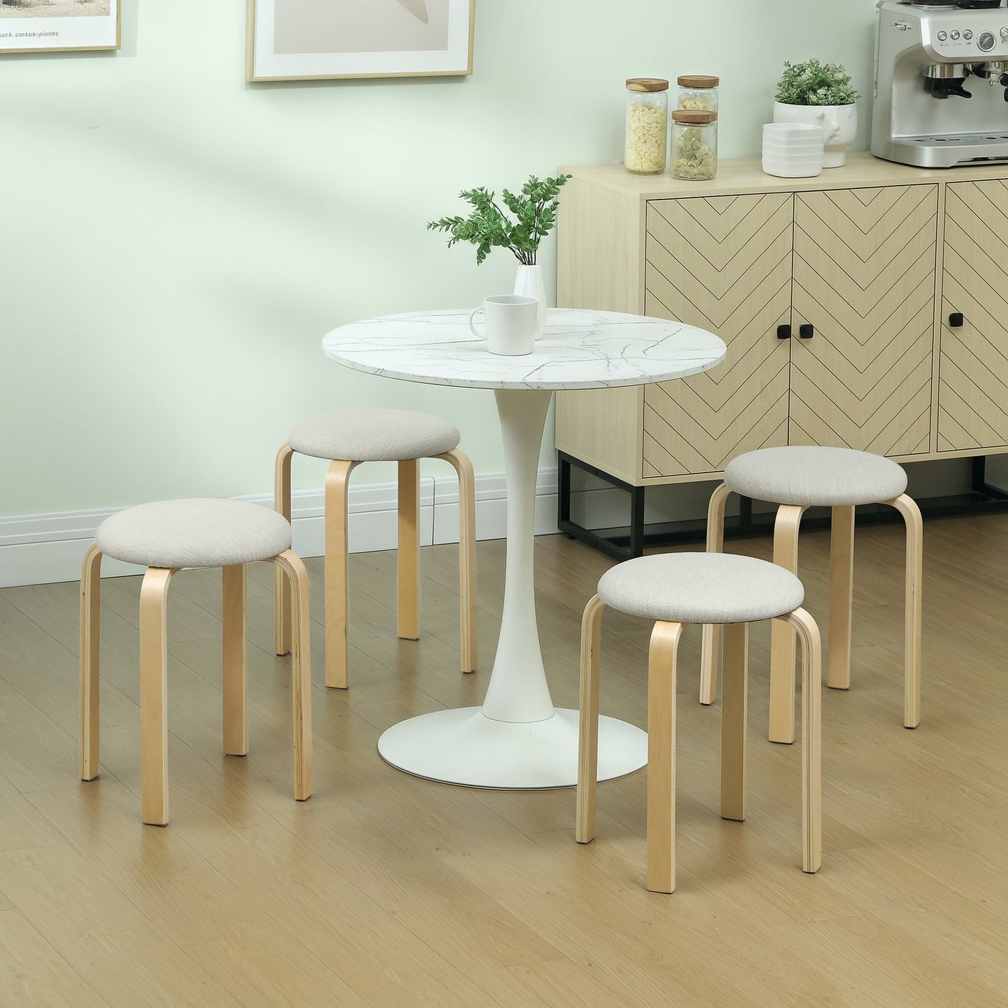 Stackable Upholstered Stools, Cream White, Birch Legs