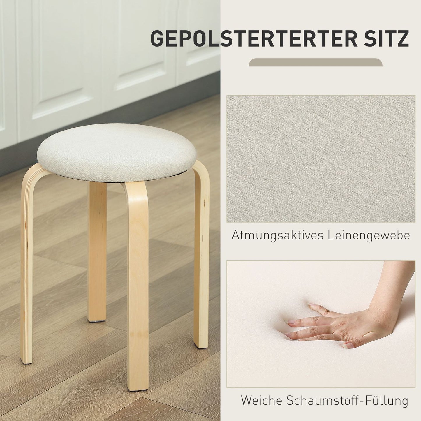 Stackable Upholstered Stools, Cream White, Birch Legs
