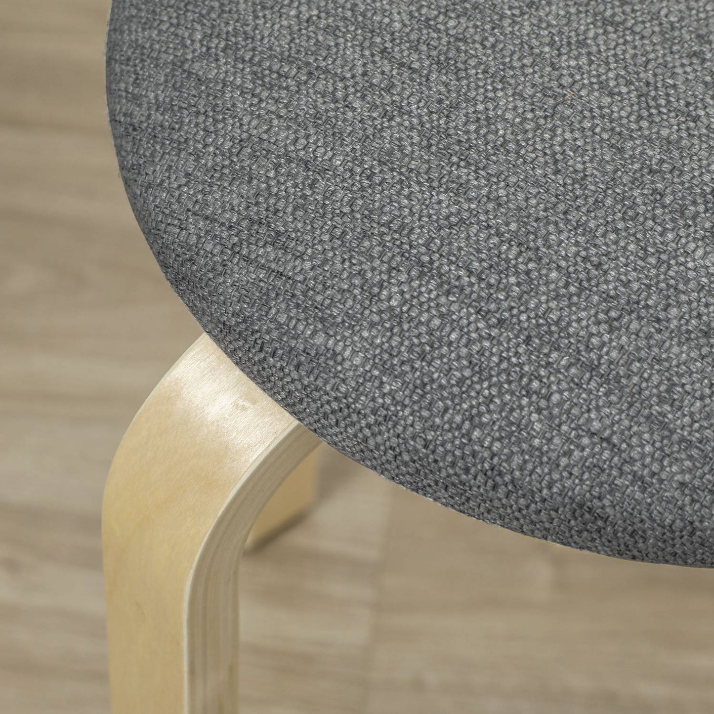 Set of 4 stackable upholstered stools, lacquered surface, wooden legs, grey