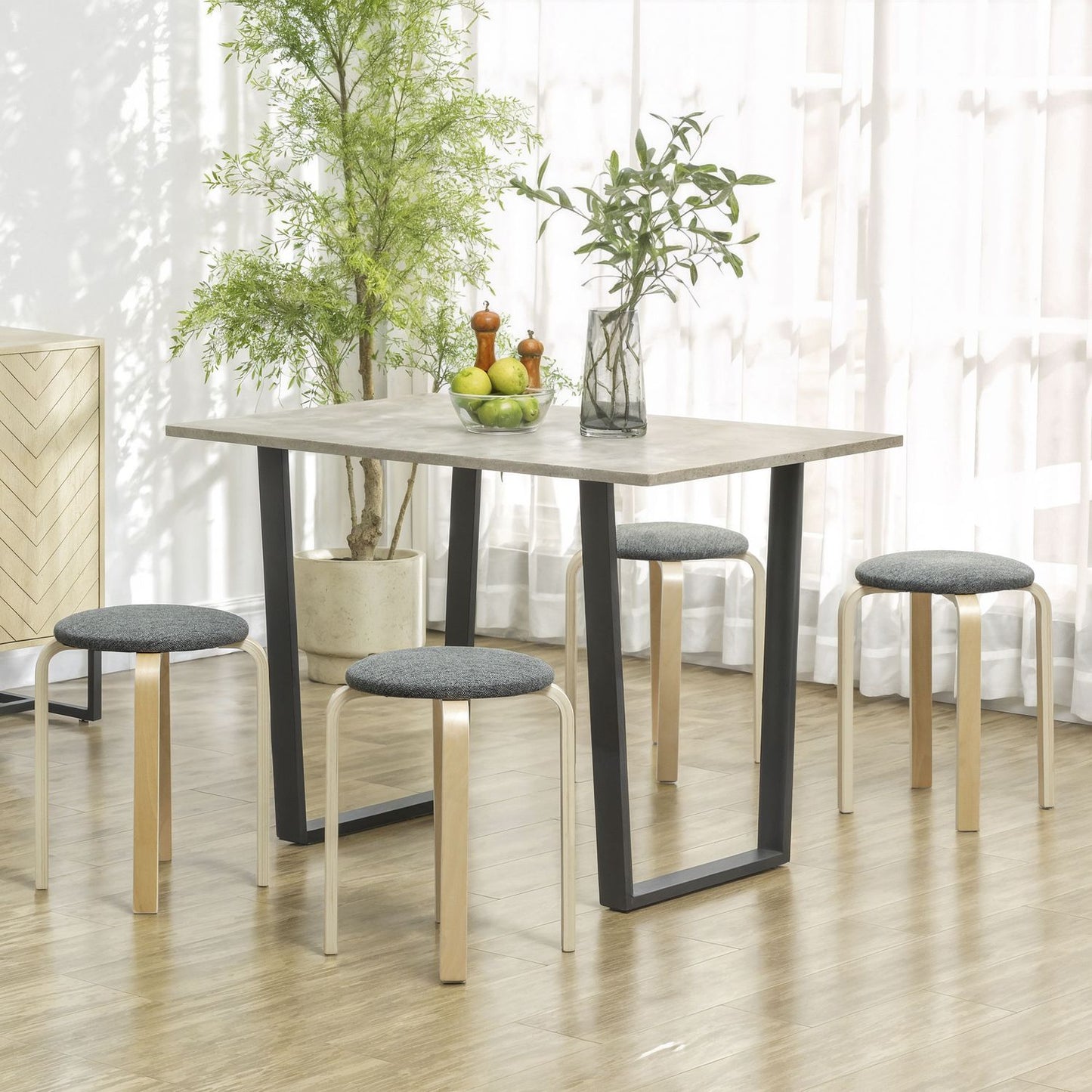 Set of 4 stackable upholstered stools, lacquered surface, wooden legs, grey