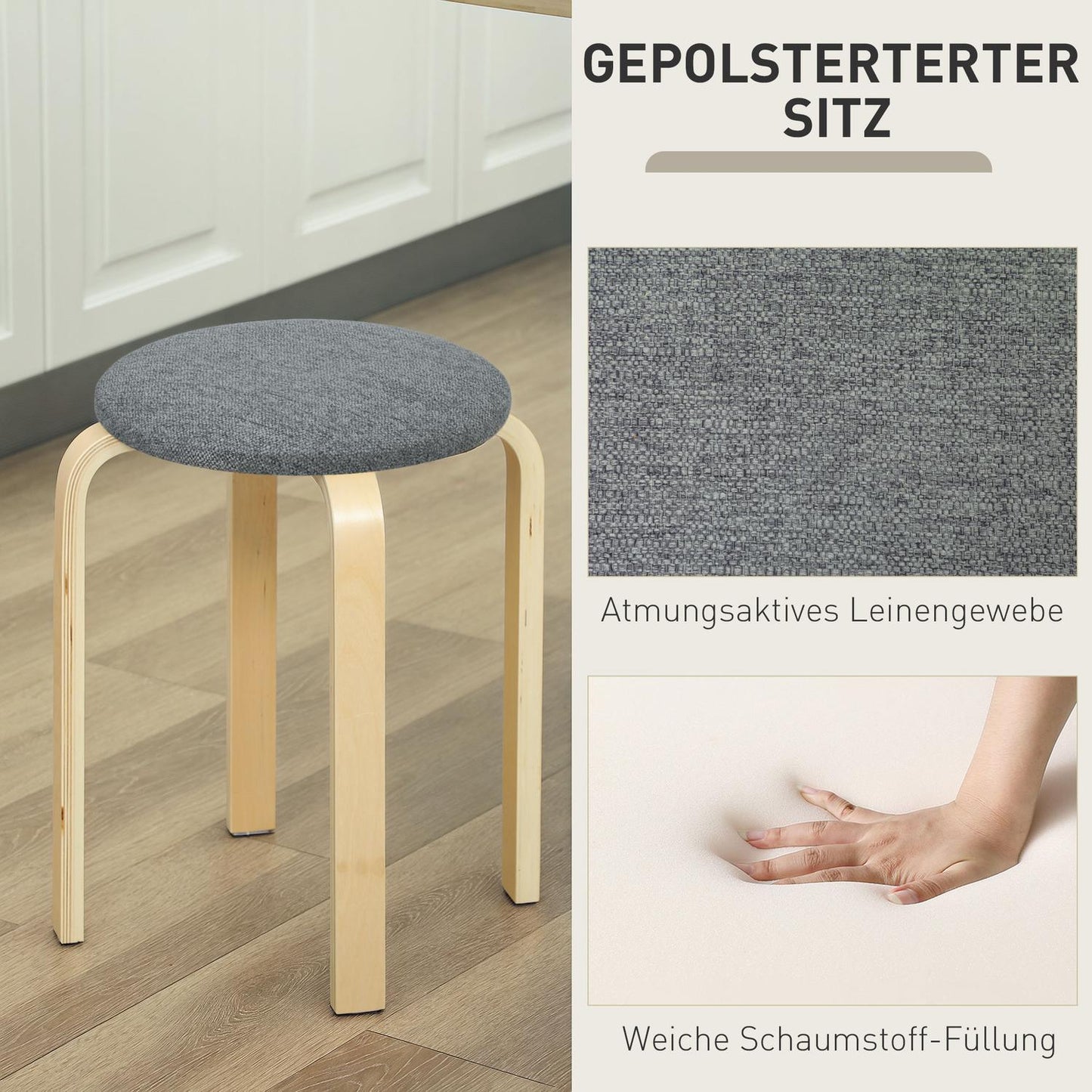 Set of 4 stackable upholstered stools, lacquered surface, wooden legs, grey