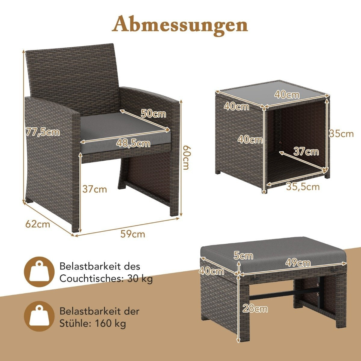 Set of 5 Rattan Furniture Set Furniture Patio Seating Set Brown + Gray