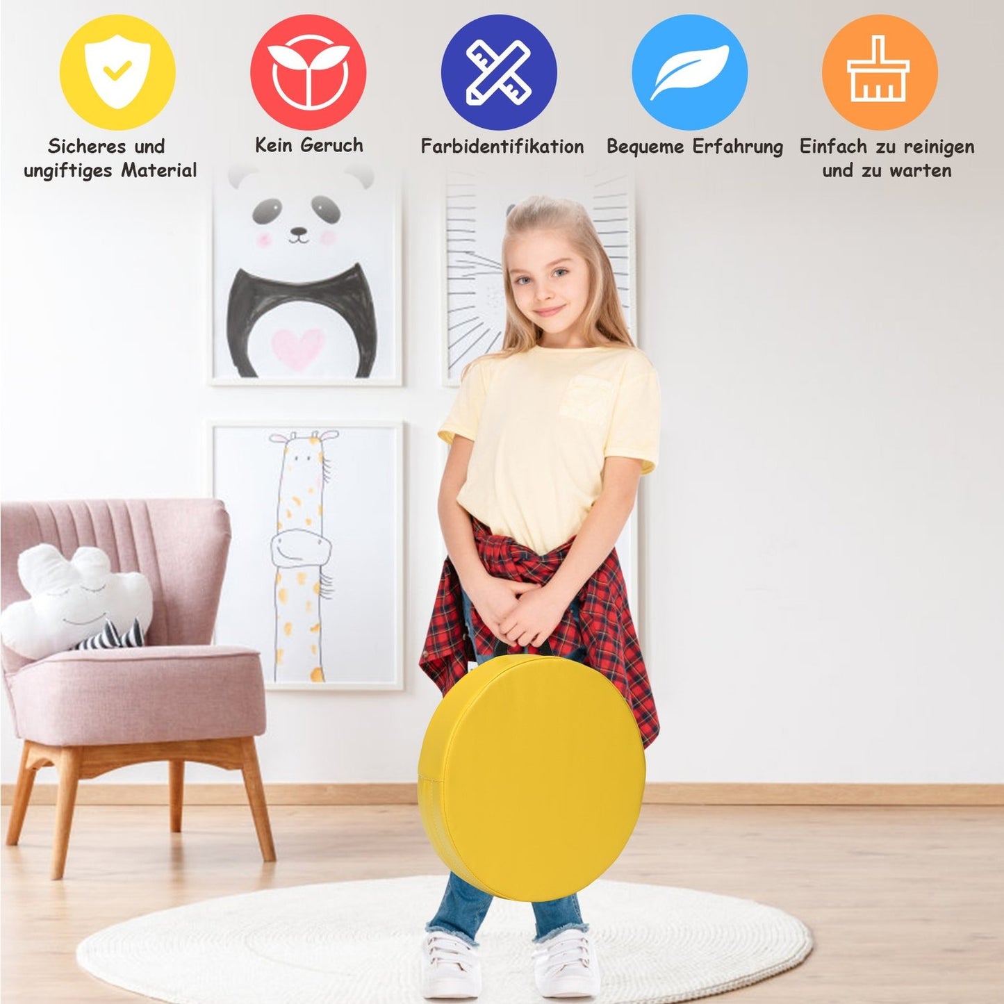 Set of 6 children's round chair cushions, floor cushions, seat cushions