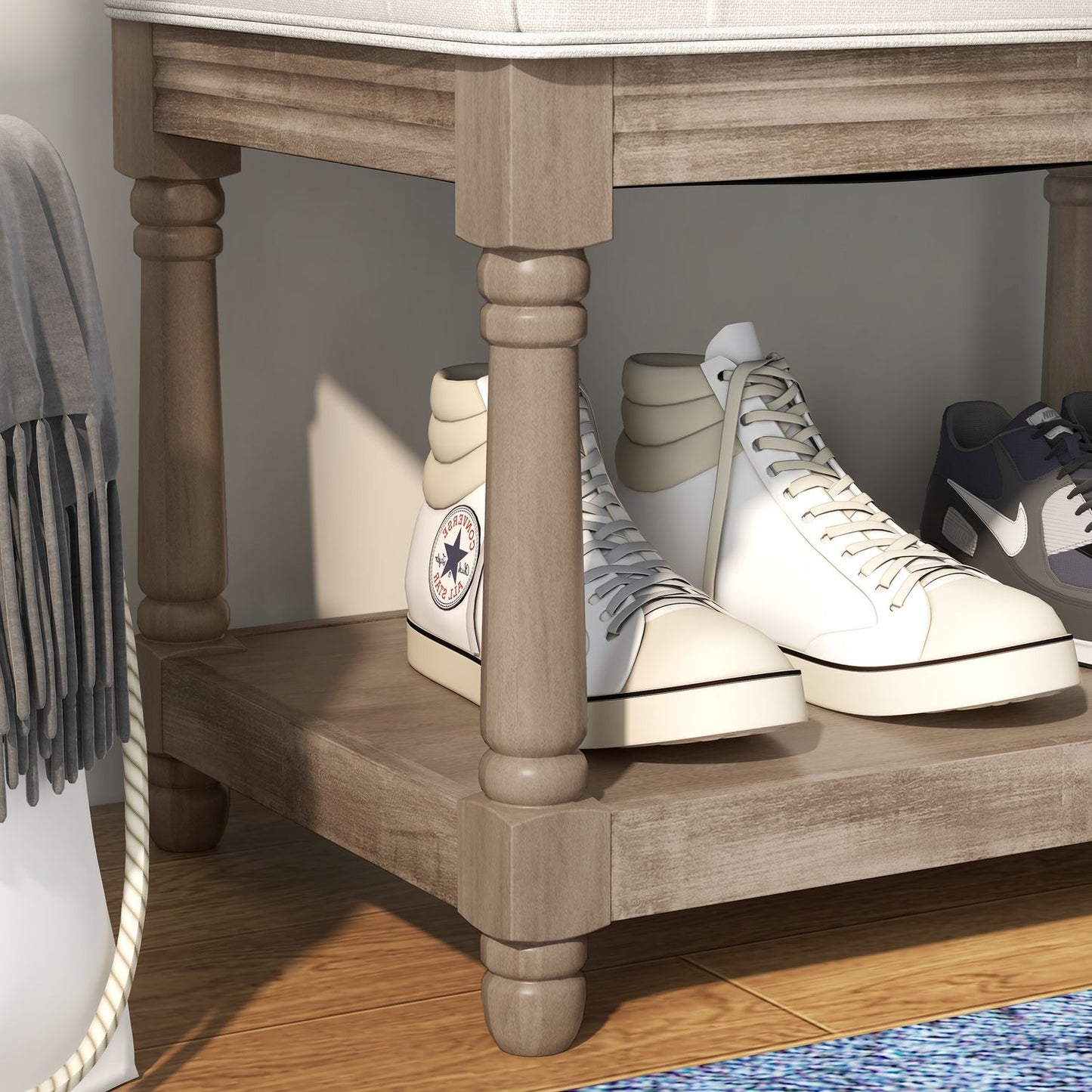 Shoe bench with storage, padded seat, wooden legs, cream