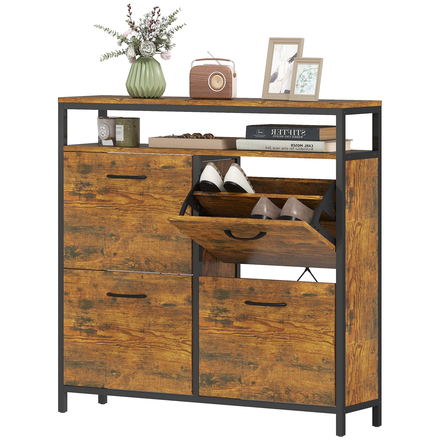 Shoe Cabinet with 4 Flip Drawers, Steel, Brown, Holds 12-20 Pairs