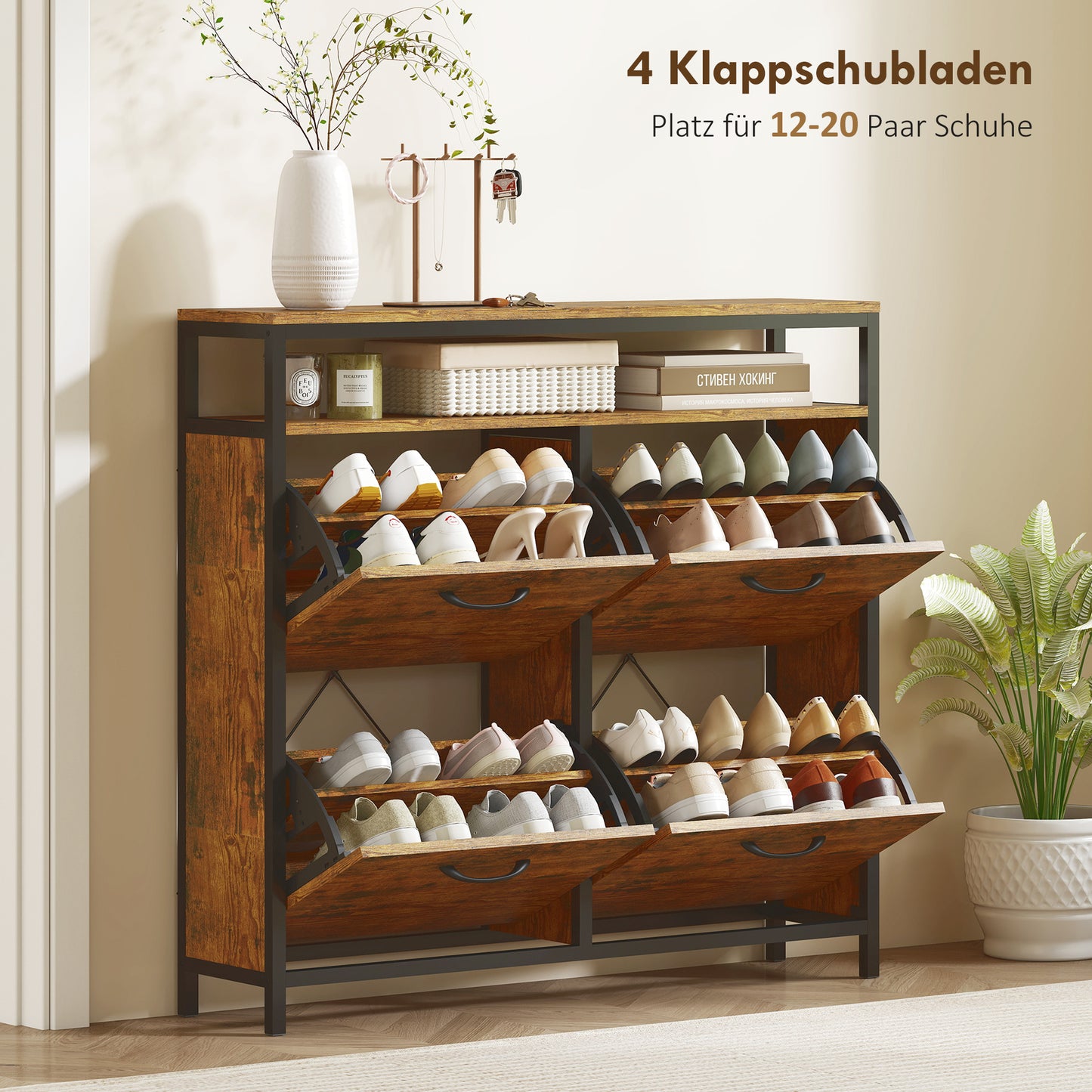 Shoe Cabinet with 4 Flip Drawers, Steel, Brown, Holds 12-20 Pairs