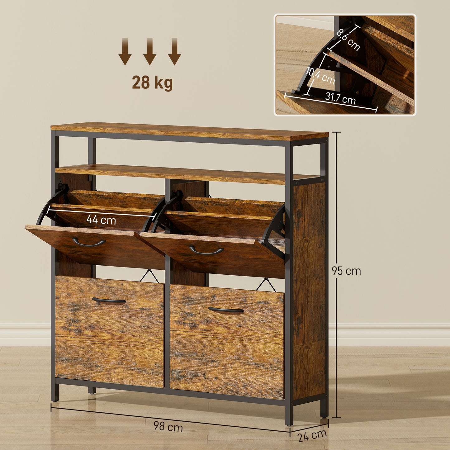Shoe Cabinet with 4 Flip Drawers, Steel, Brown, Holds 12-20 Pairs