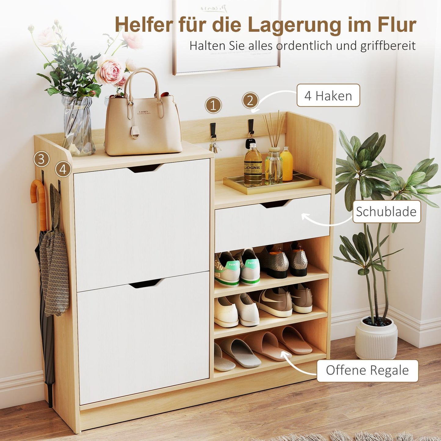 Shoe Cabinet with Flip Drawers, Open Shelves, 4 Hooks