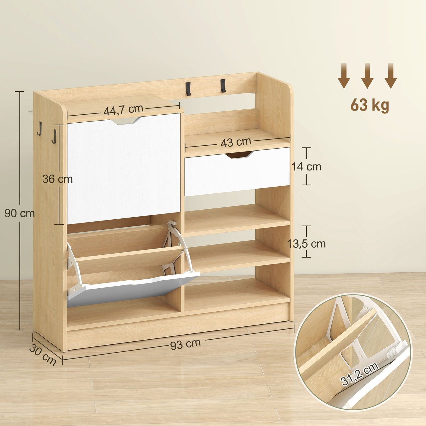 Shoe Cabinet with Flip Drawers, Open Shelves, 4 Hooks