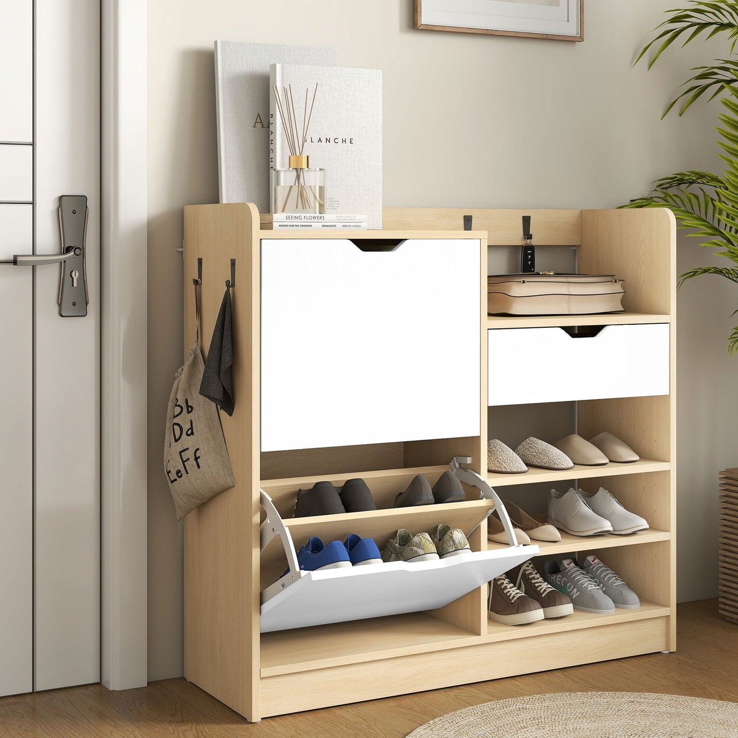 Shoe Cabinet with Flip Drawers, Open Shelves, 4 Hooks