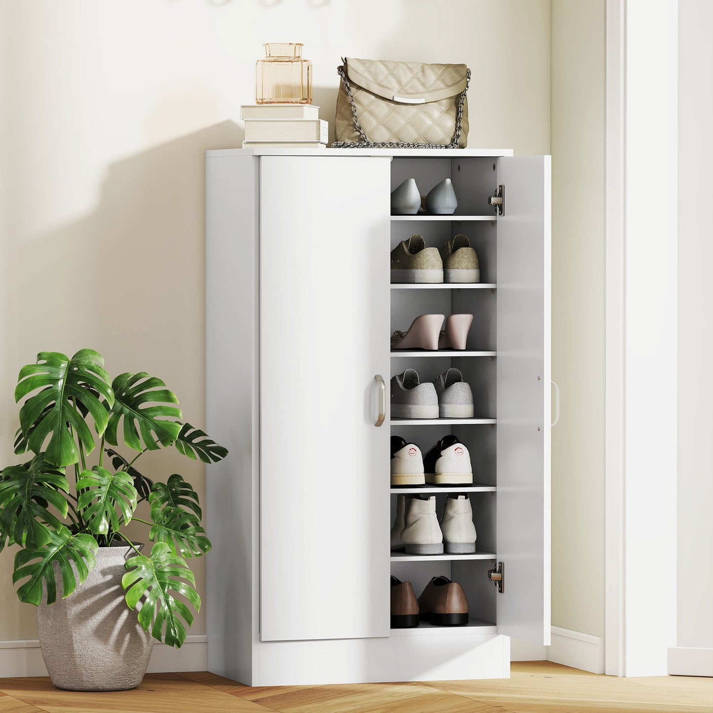 Shoe Cabinet with Soft-Close Hinges, Adjustable Shelves, White