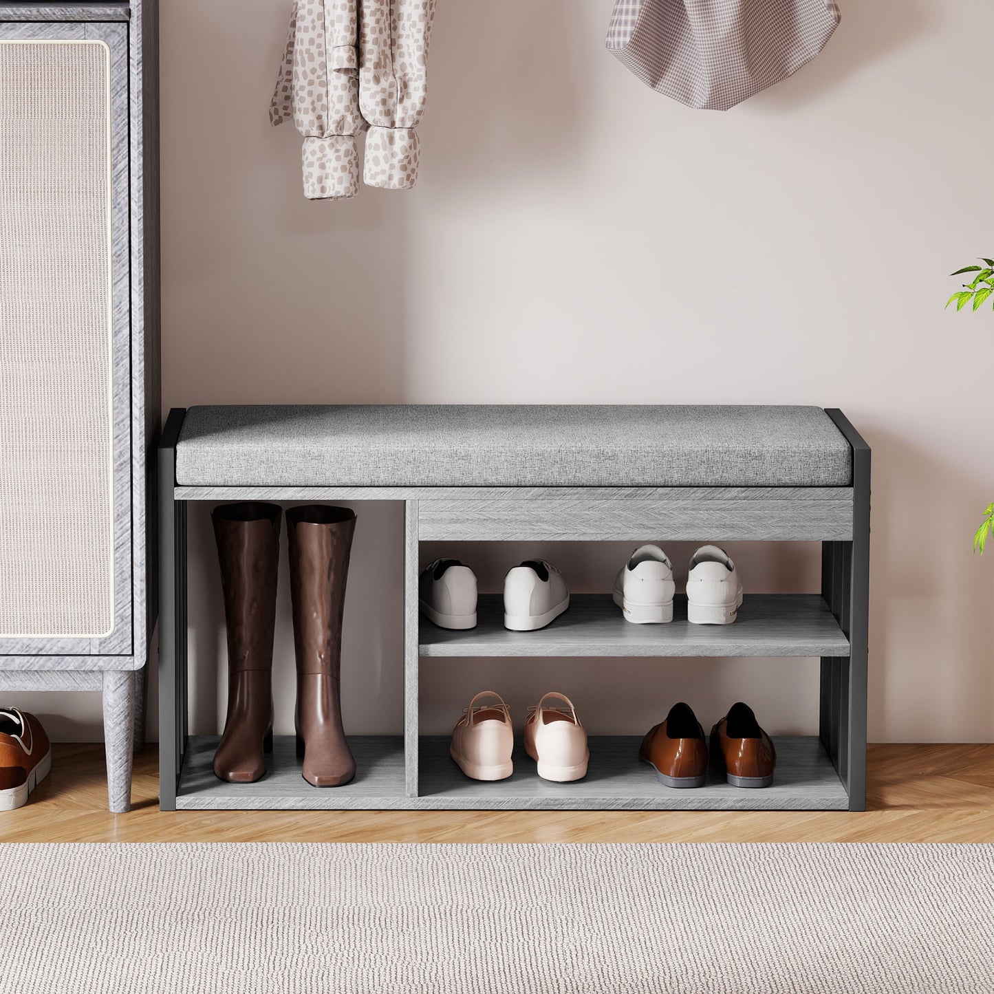 Shoe Storage Bench with Cushion, 3-Tier Design, Gray