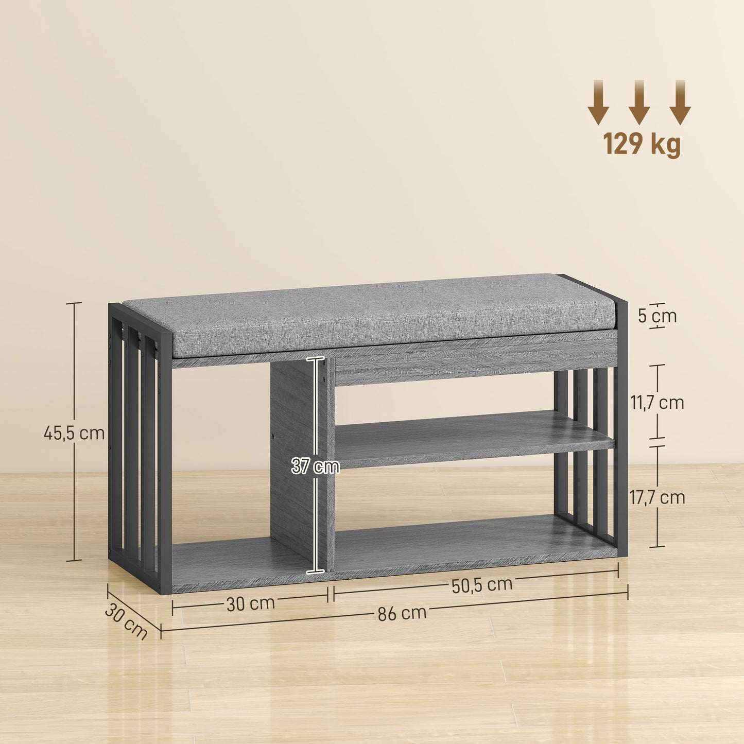 Shoe Storage Bench with Cushion, 3-Tier Design, Gray