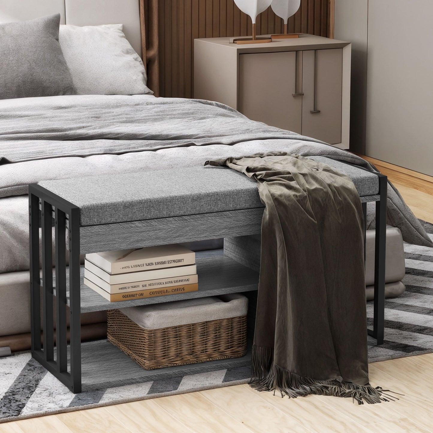 Shoe Storage Bench with Cushion, 3-Tier Design, Gray