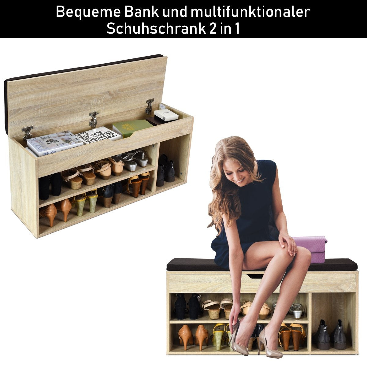 Shoe bench shoe chest of drawers shoe rack with seat cushion wood 104 x 48 x 30 cm white/natural-natural