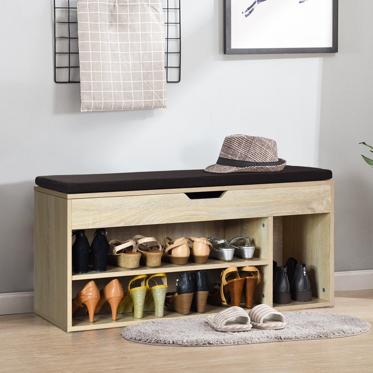 Shoe bench shoe chest of drawers shoe rack with seat cushion wood 104 x 48 x 30 cm white/natural-natural