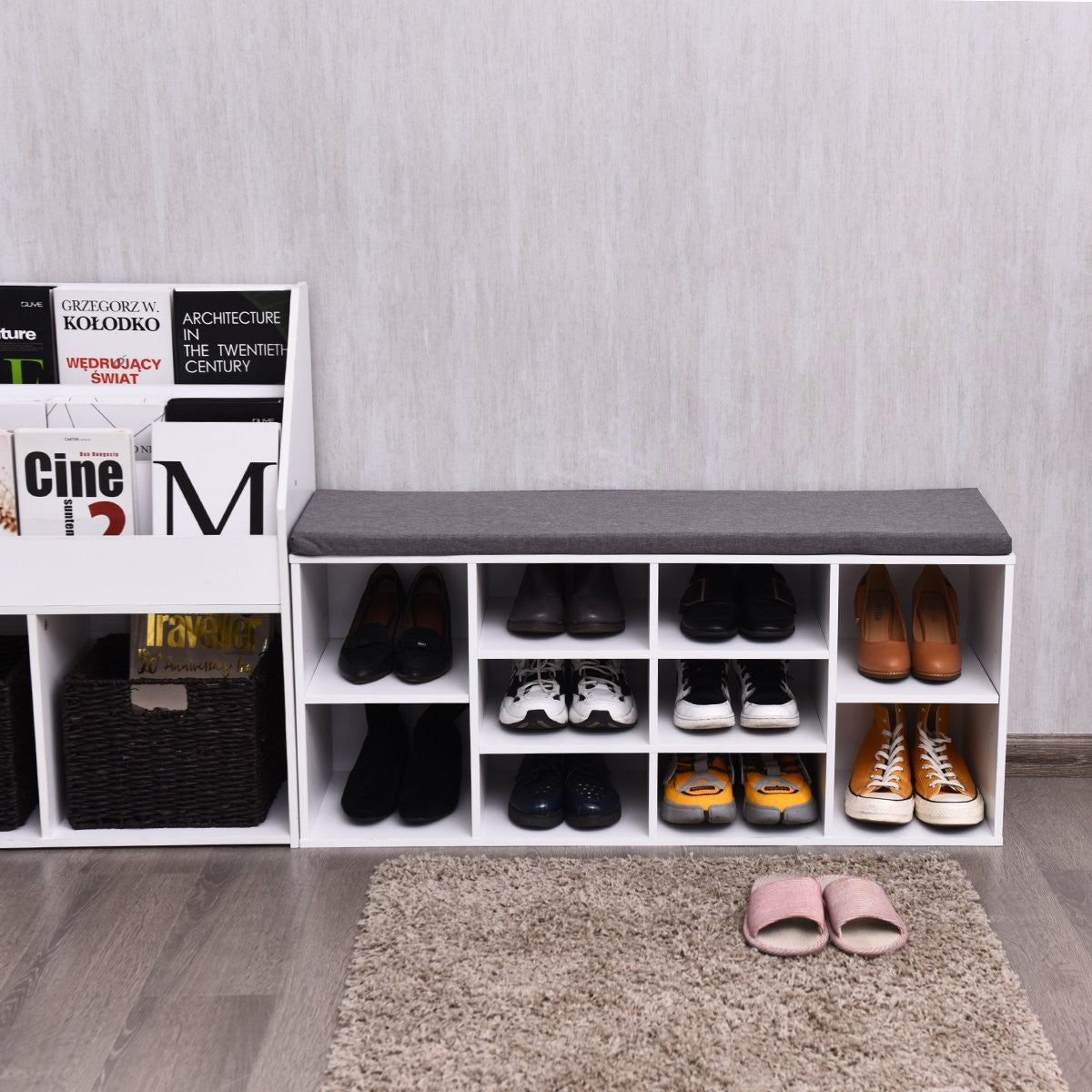 Shoe bench with seat, shoe rack, shoe chest of drawers, shoe rack, shoe cabinet, bench with shelf and seat cushion, wood, white