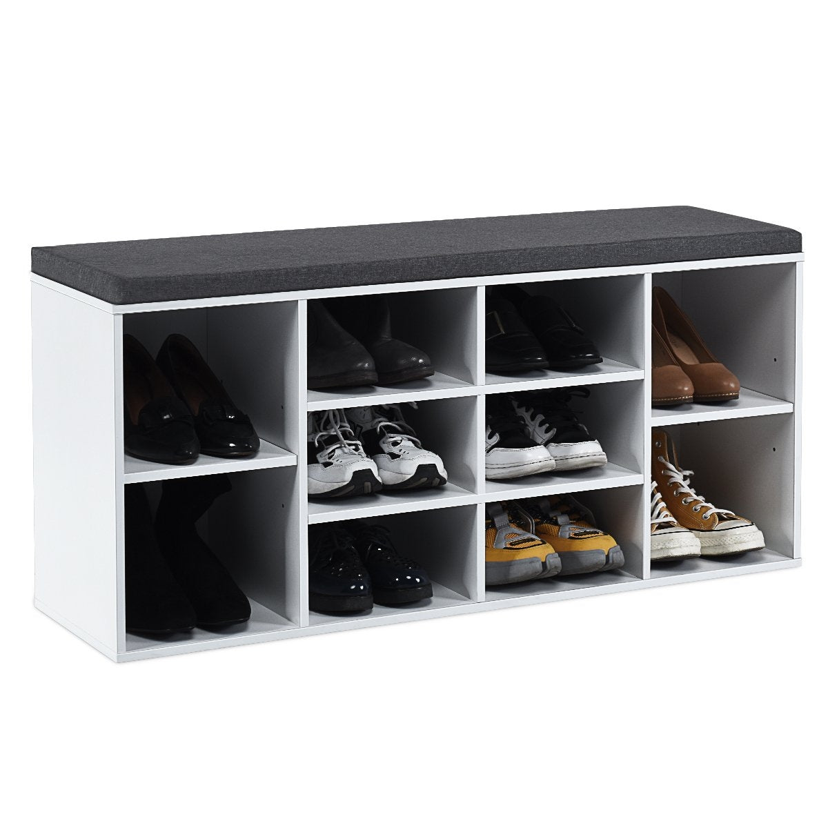 Shoe bench with seat, shoe rack, shoe chest of drawers, shoe rack, shoe cabinet, bench with shelf and seat cushion, wood, white