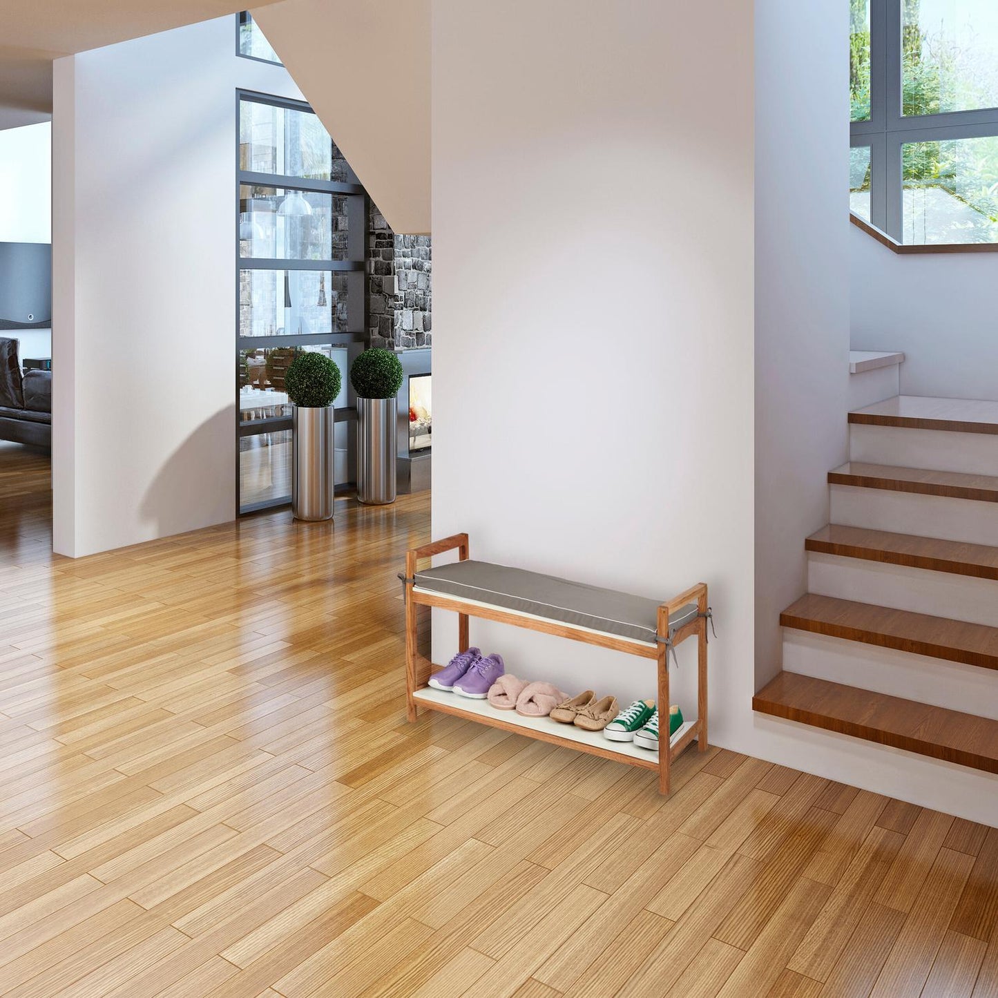Shoe bench with upholstered seat