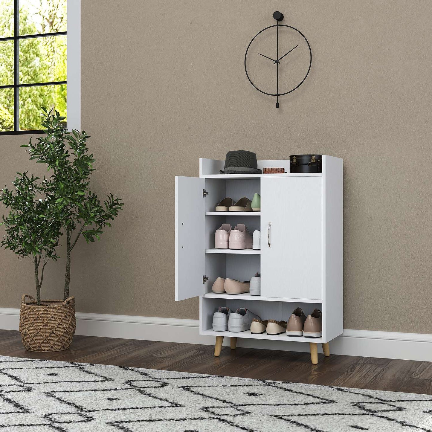 White solid wood shoe cabinet with doors - Fits 12 pairs
