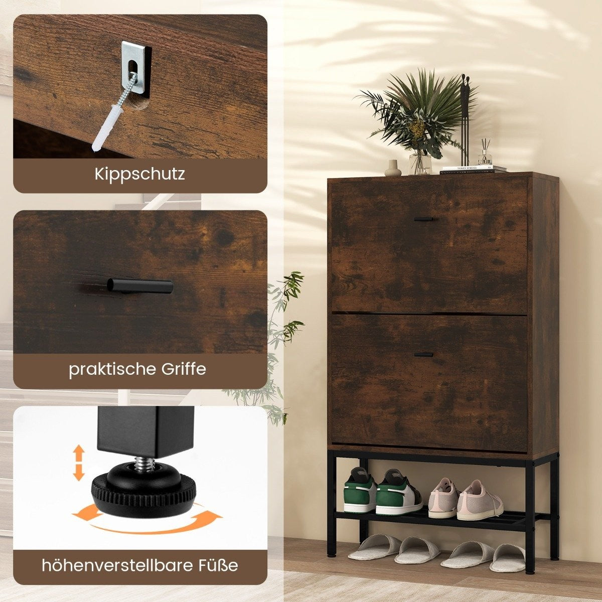 Shoe cabinet with 2 flaps & 4 shelves & Open shelf shoe tipper shoe rack rustic brown
