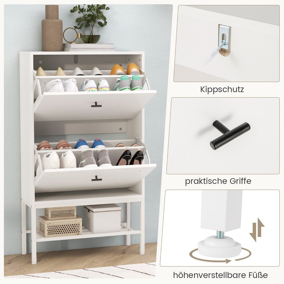 Shoe cabinet with 2 flaps & 4 shelves & Open shelf shoe tipper shoe rack white