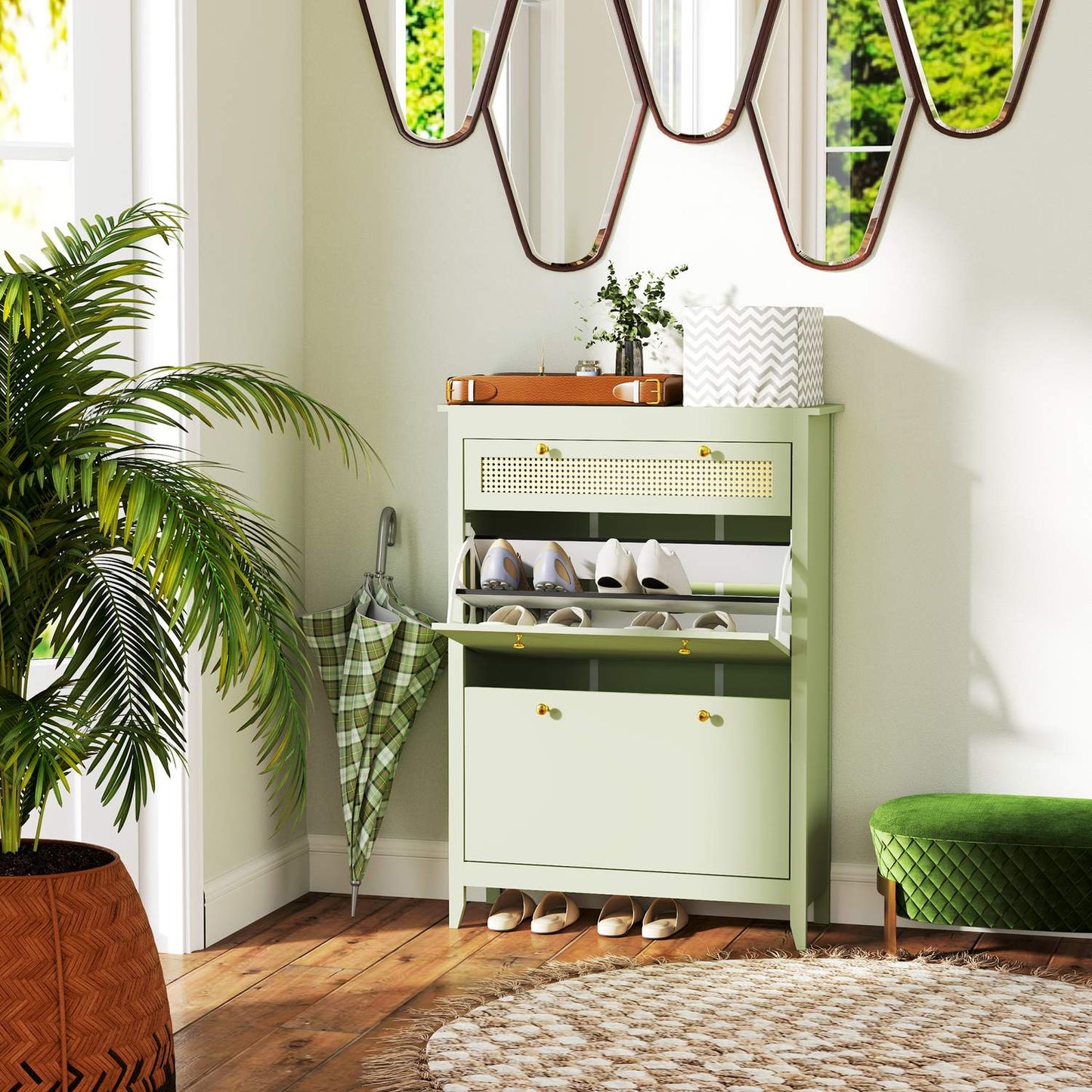 Shoe cabinet with drawer - Holds 12 pairs, 88x30x120 cm, green