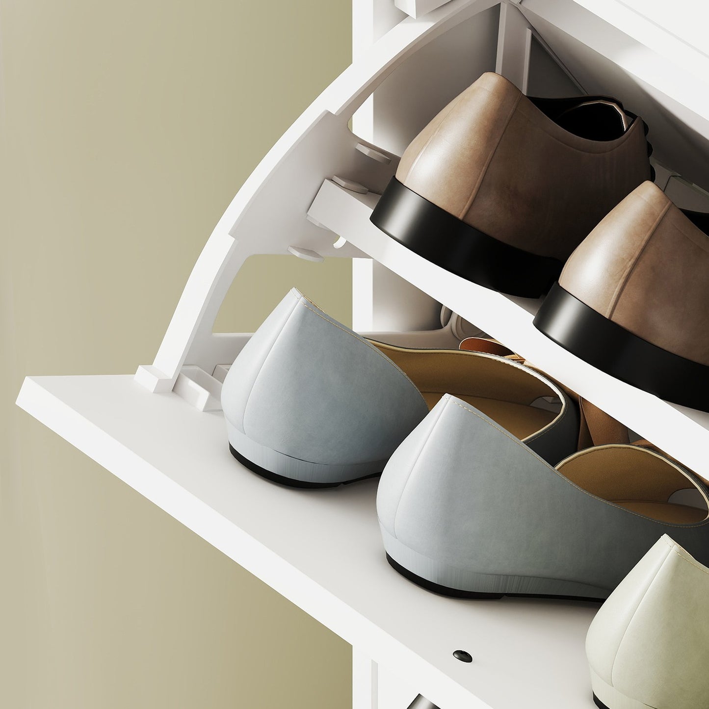 Slim white shoe cabinet - adjustable dividers, holds 12 pairs