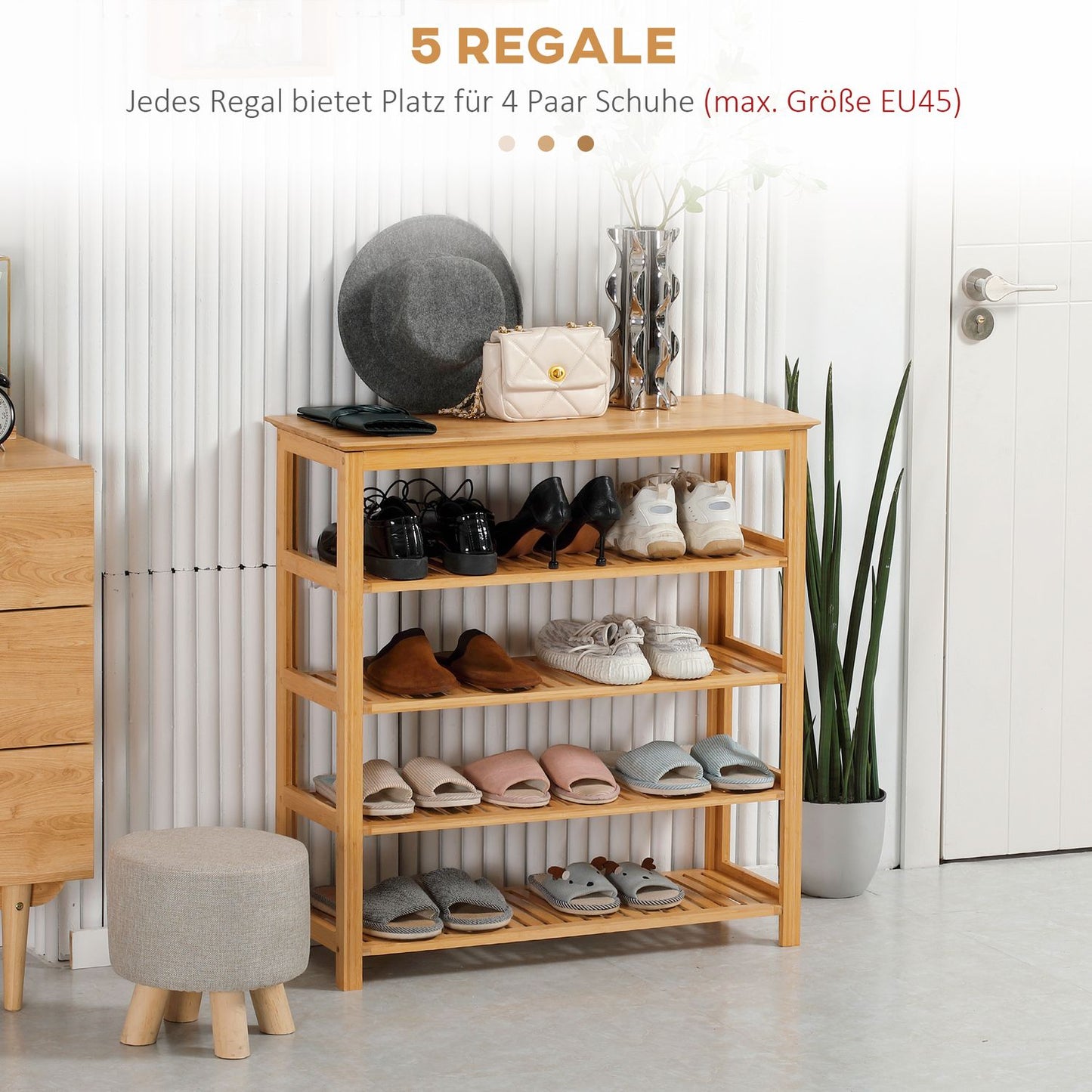 Bamboo shoe rack - 5 layers, holds 20 pairs, natural finish