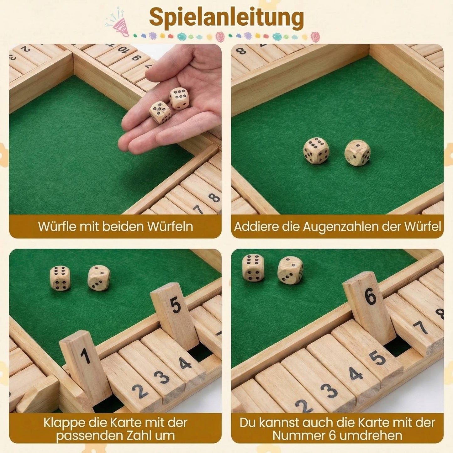 Shut The Box Game for 2-4 Players, Pine Wood, Dice Included