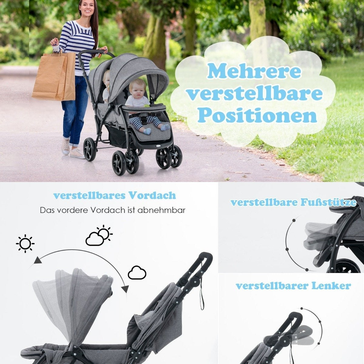 Sibling stroller foldable sibling stroller twin stroller twin bugg gray