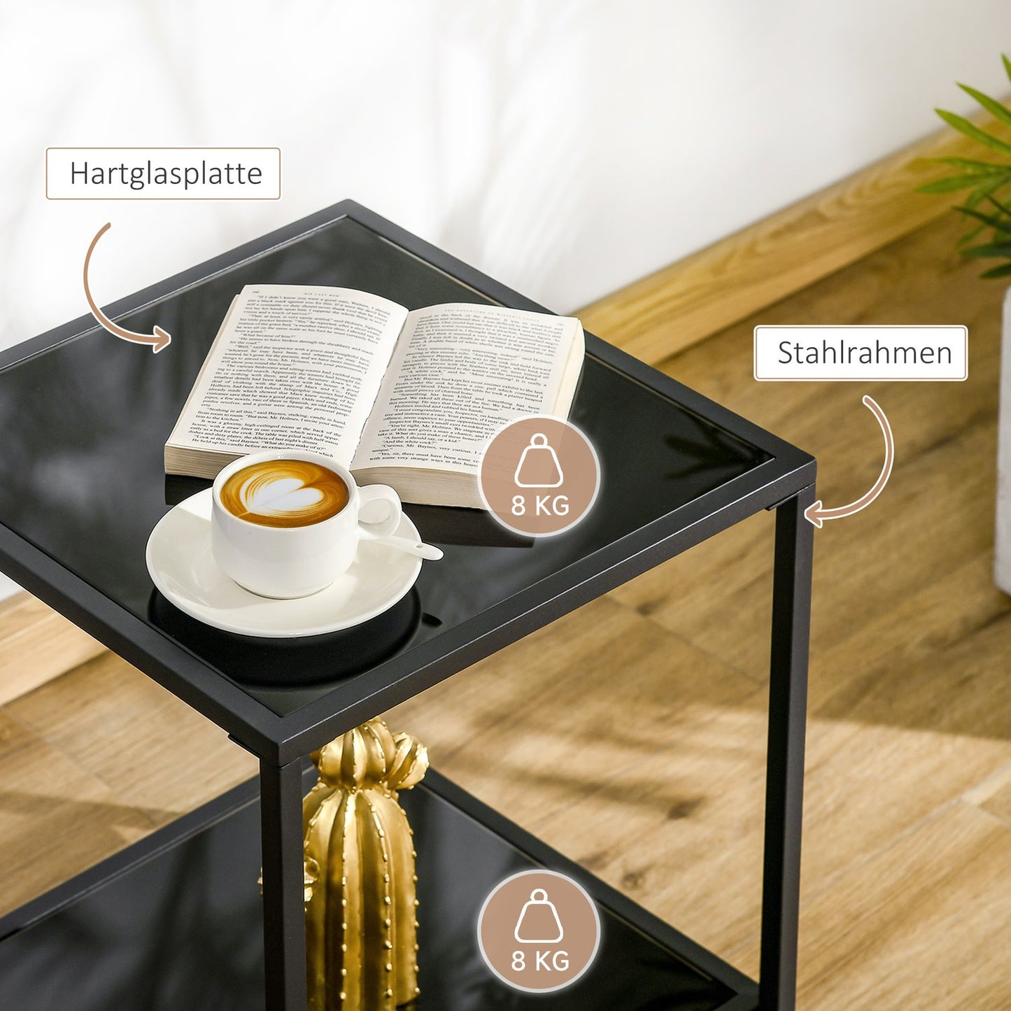 Black tempered glass side table - 2 tiers, 40 x 40 x 50 cm