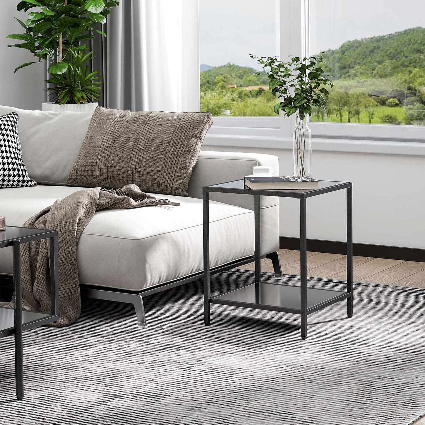 Black tempered glass side table - 2 tiers, 40 x 40 x 50 cm