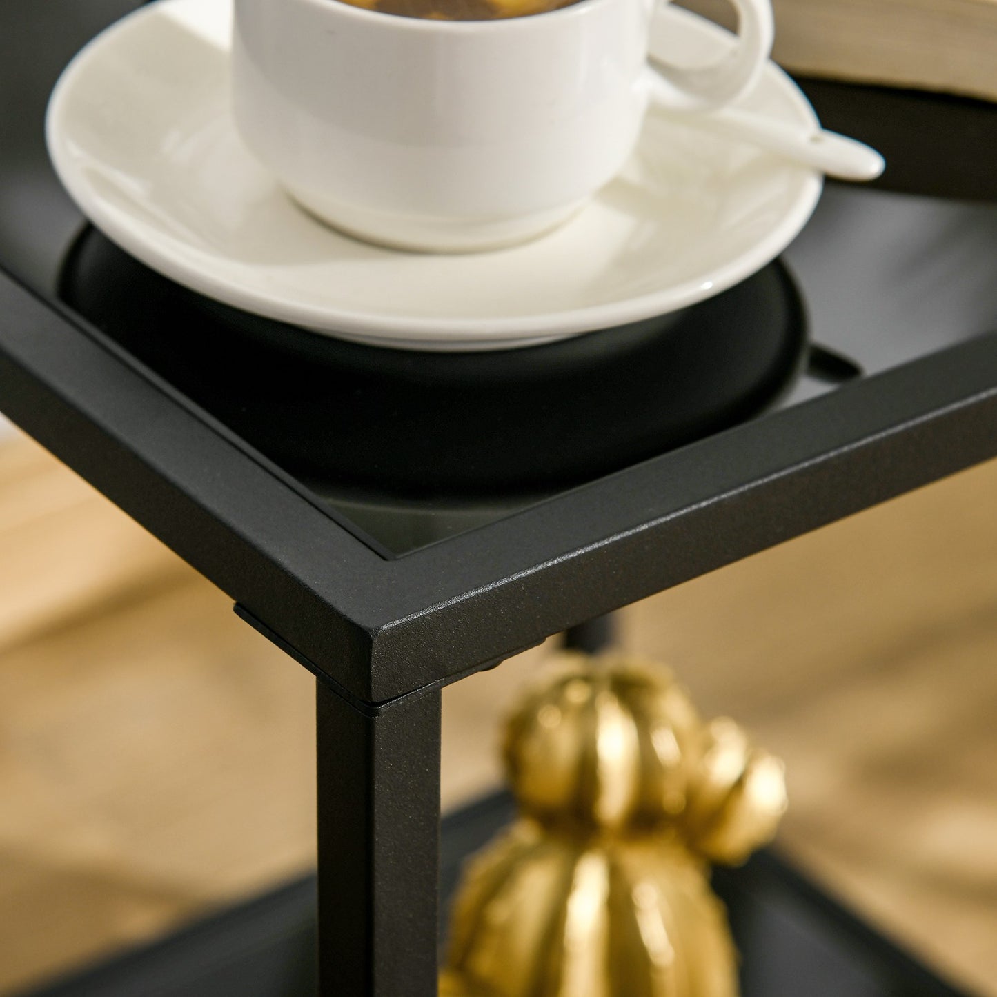 Black tempered glass side table - 2 tiers, 40 x 40 x 50 cm
