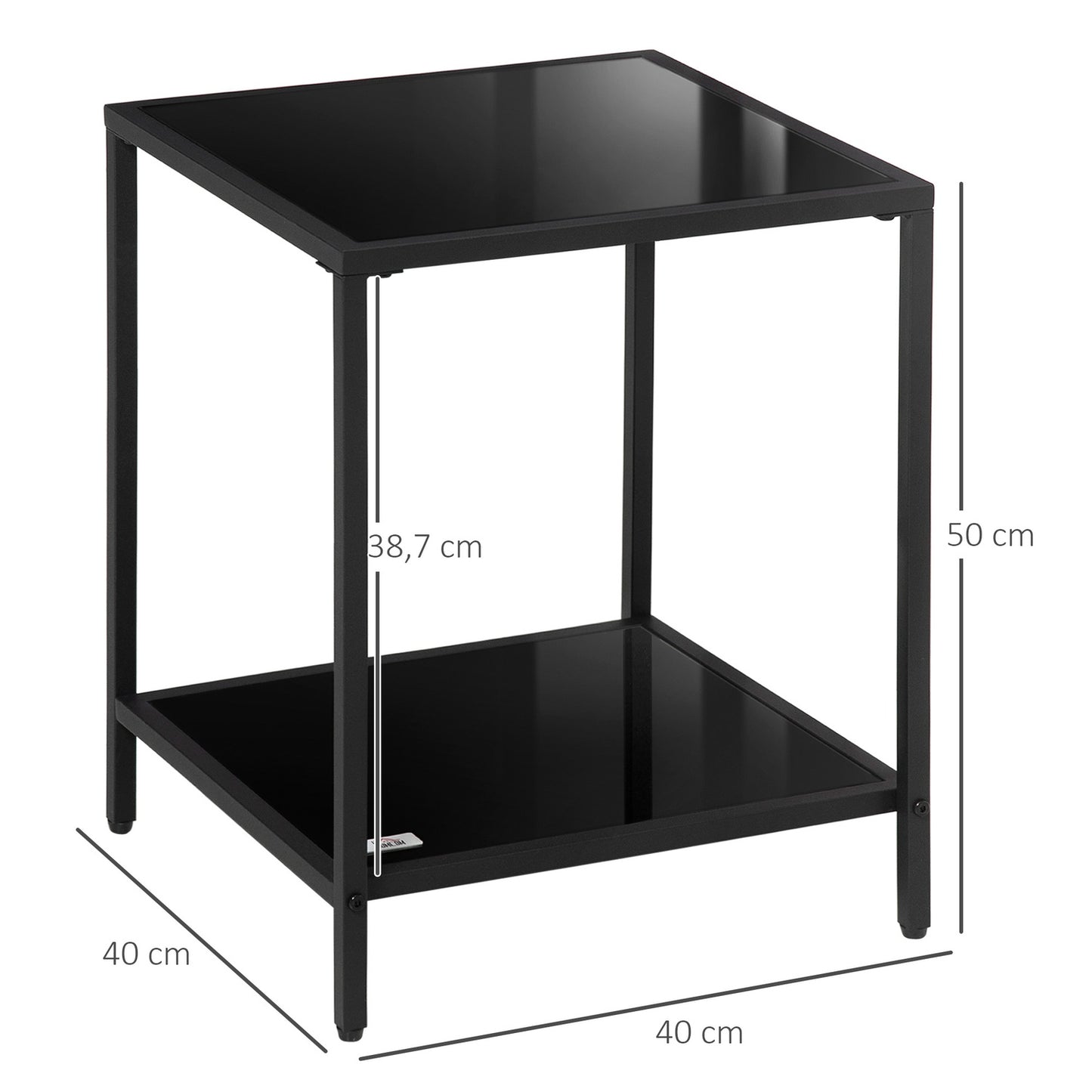 Black tempered glass side table - 2 tiers, 40 x 40 x 50 cm