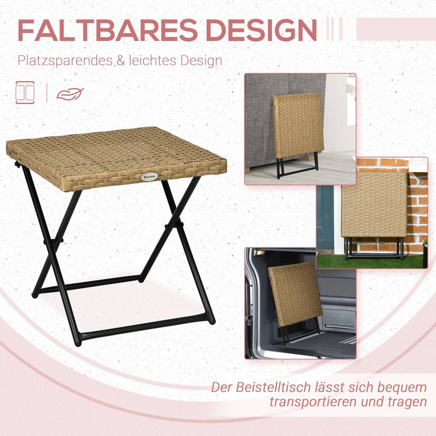Folding garden side table in polyrattan, metal, 40x40x40cm