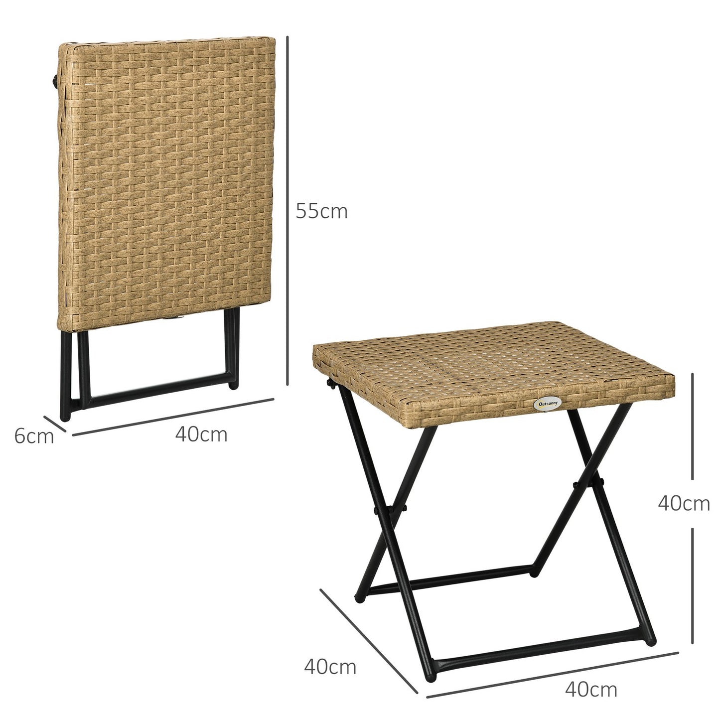 Folding garden side table in polyrattan, metal, 40x40x40cm