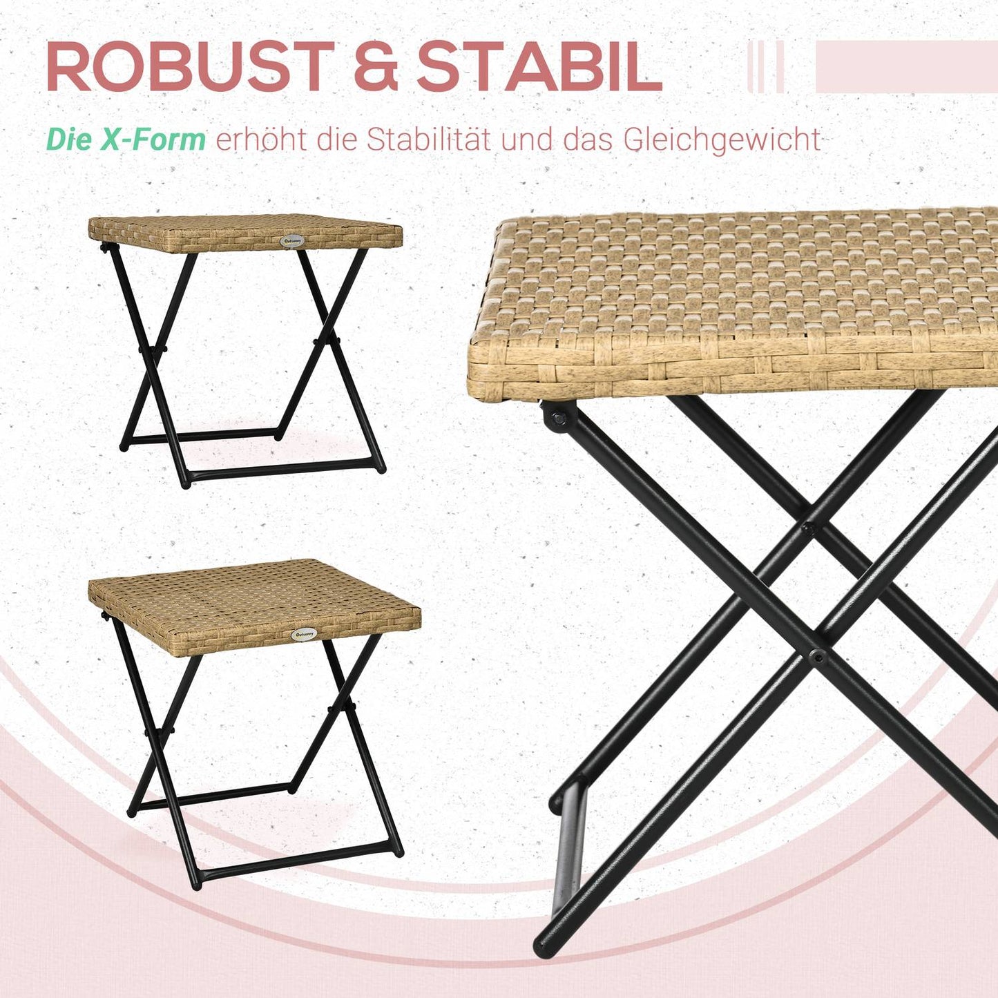 Folding garden side table in polyrattan, metal, 40x40x40cm