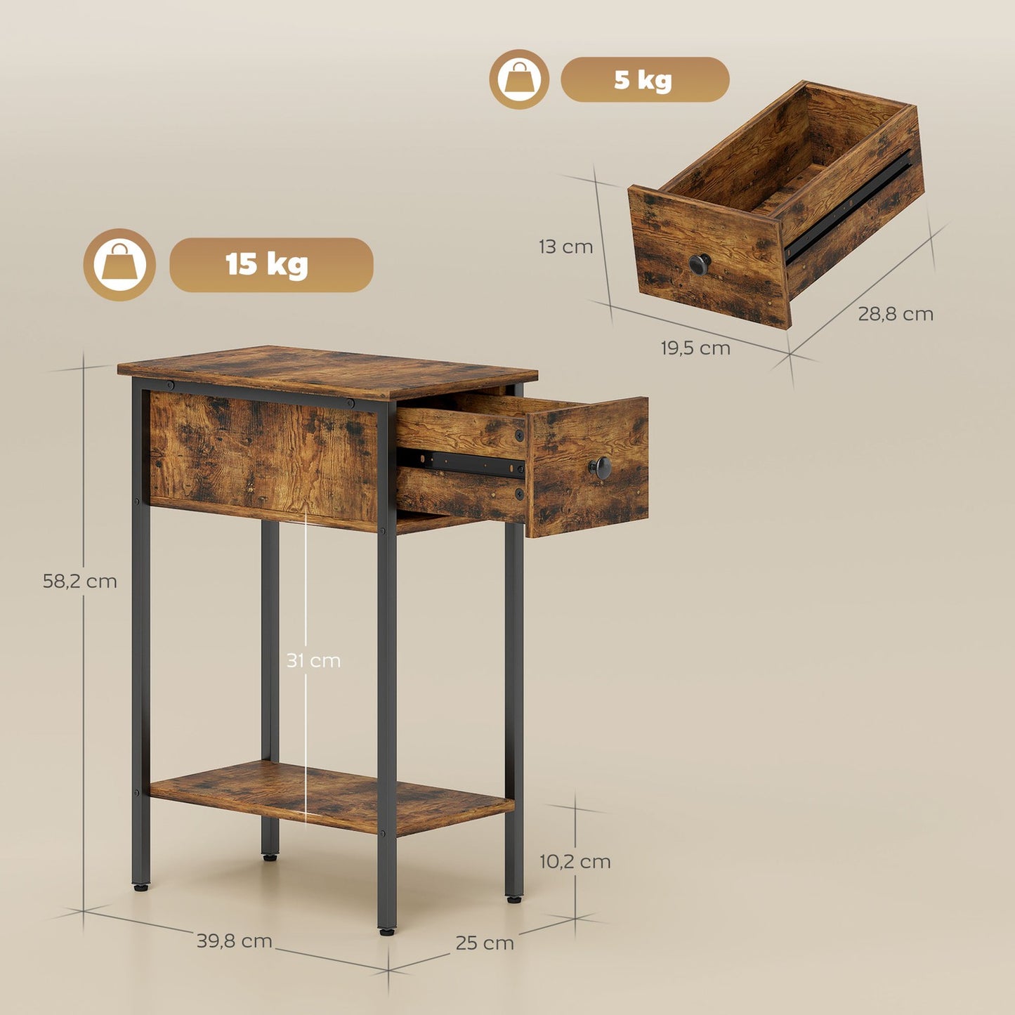 Side Table with Drawer and Open Shelf, Rustic Brown