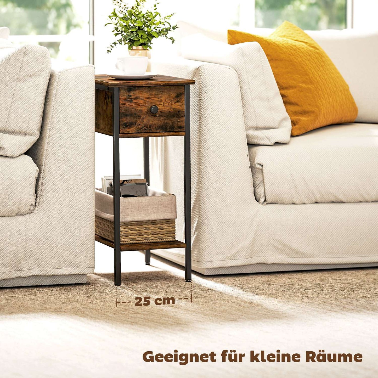 Side Table with Drawer and Open Shelf, Rustic Brown