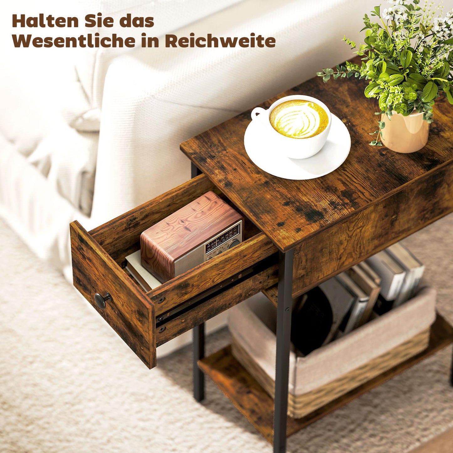 Side Table with Drawer and Open Shelf, Rustic Brown