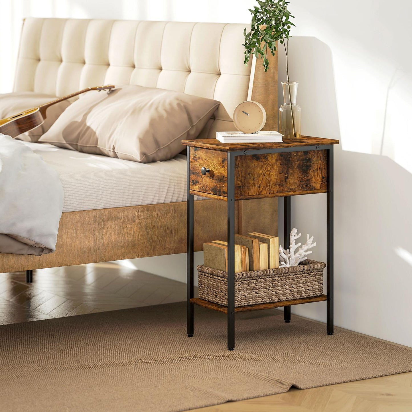 Side Table with Drawer and Open Shelf, Rustic Brown