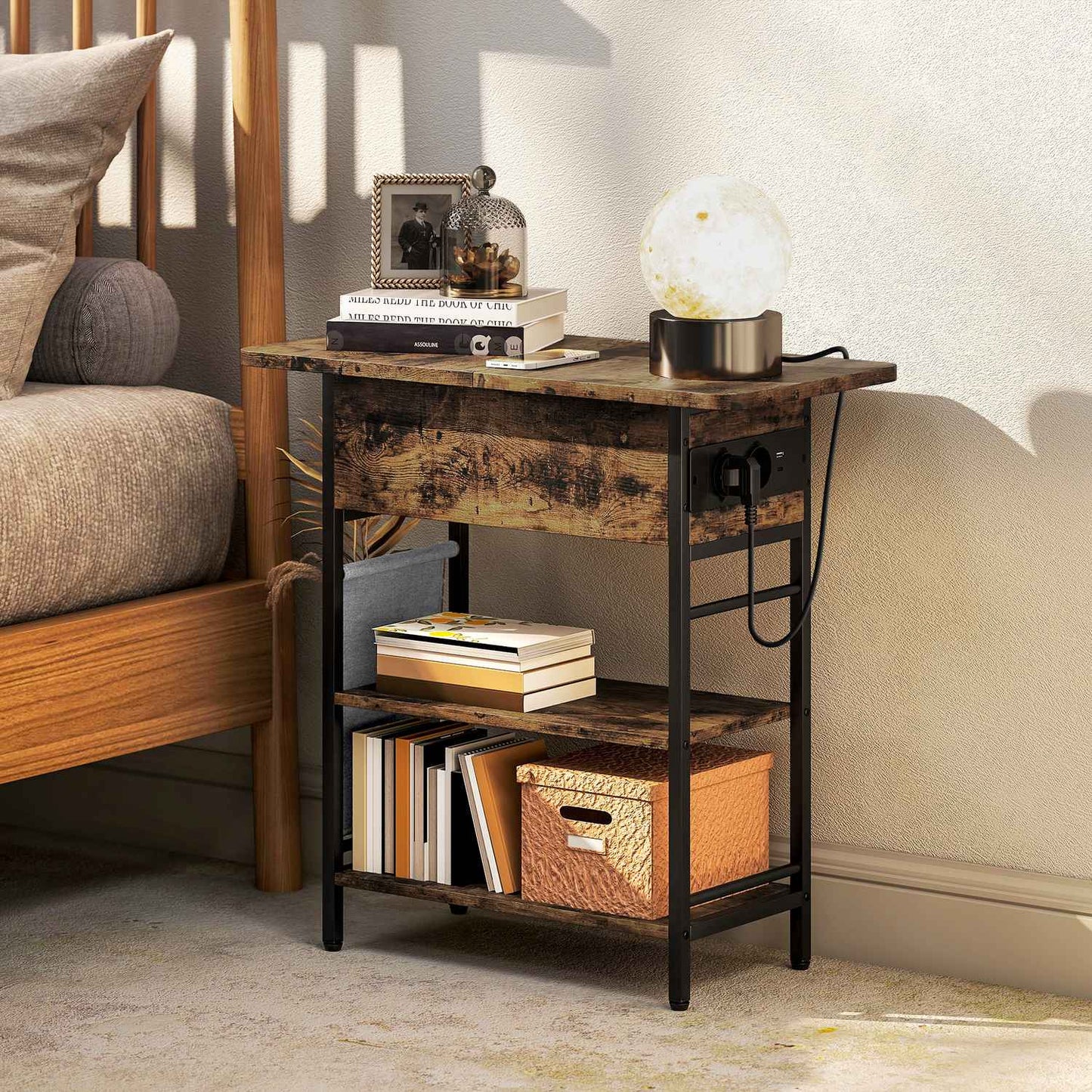 Side Table with Power Strip, USB Ports, 2-Tier Storage, Rustic Brown